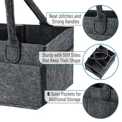 Mr. Pen diaper caddy charcoal gray exterior pockets provide quick access to wipes and bottles.