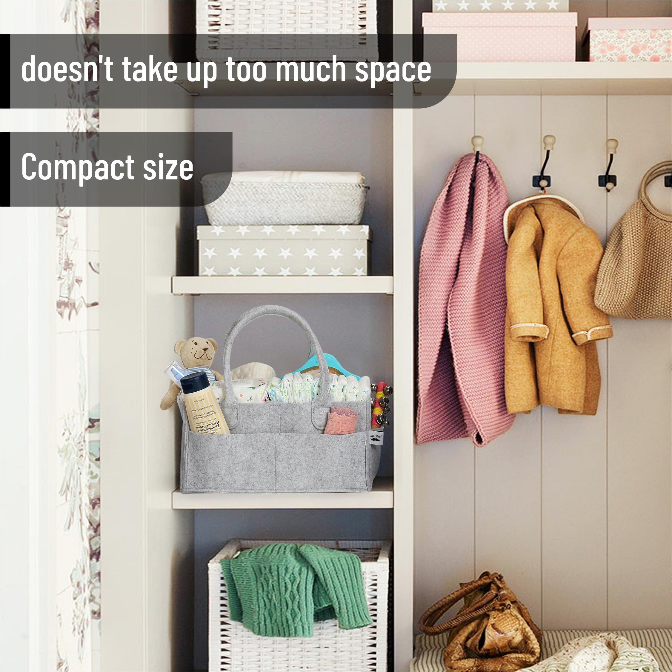Mr. Pen Baby Diaper Organizer beside nursery shelf with diapers.