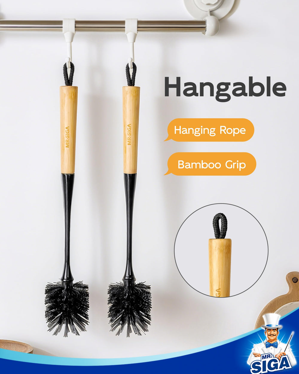 MR.SIGA Bottle Brush hanging storage for quick drying and organization.