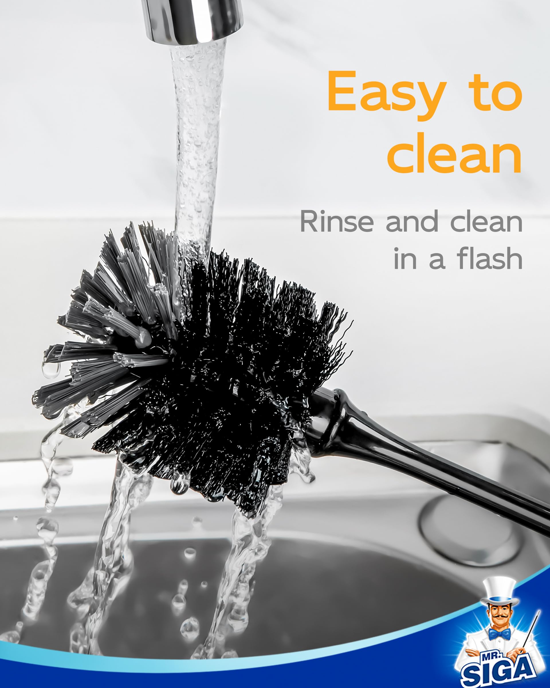 MR.SIGA Bottle Brush in use on a glass bottle showing thorough cleaning.