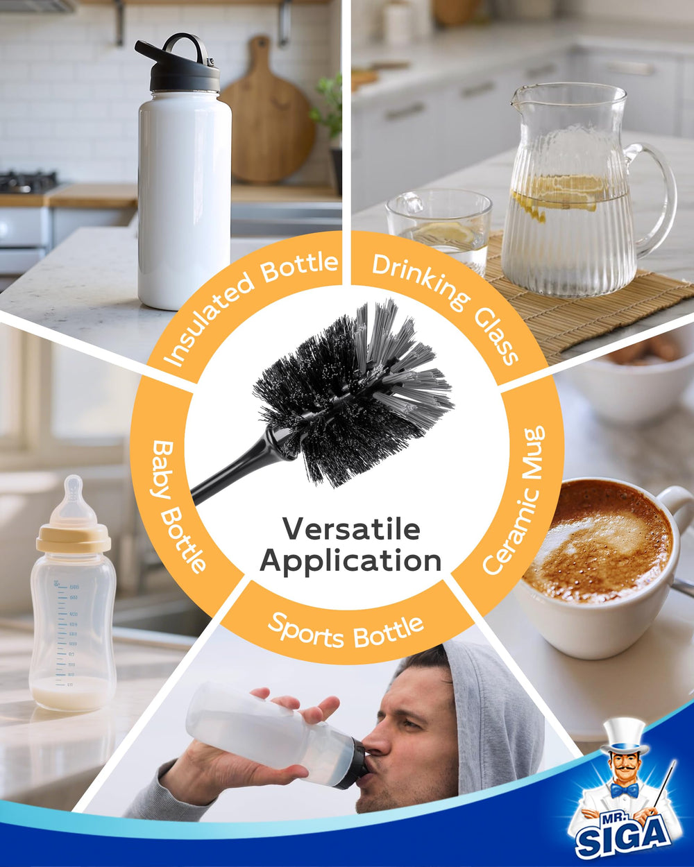 MR.SIGA Bottle Brush fits bottles 1.5 inch and wider for wide-mouth cleaning.