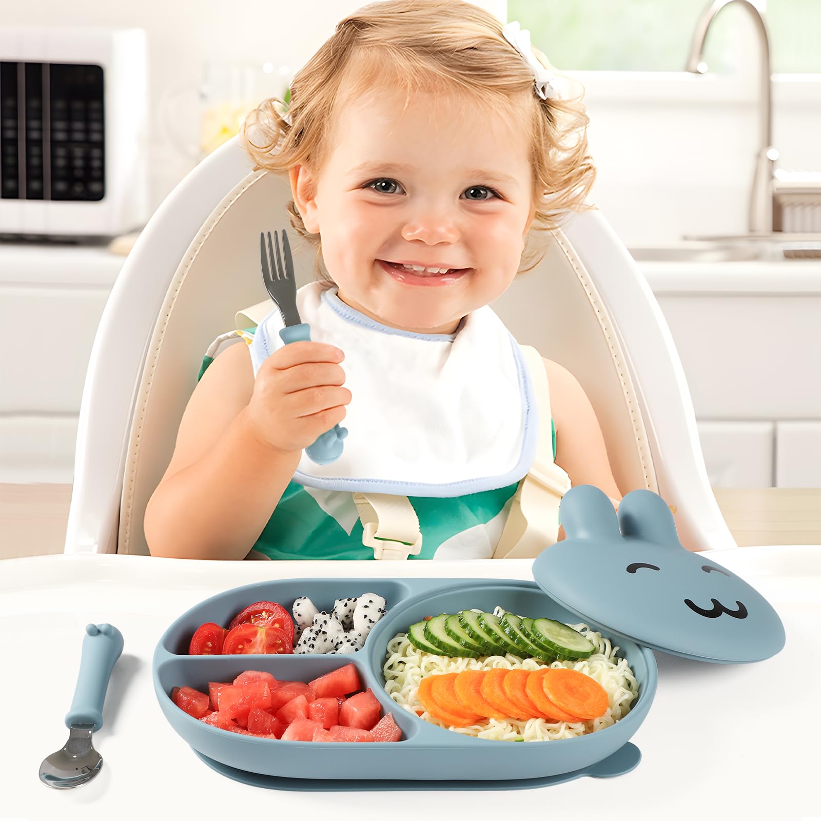 mraisebossup silicone baby plate blue close-up, easy-clean and dishwasher-safe