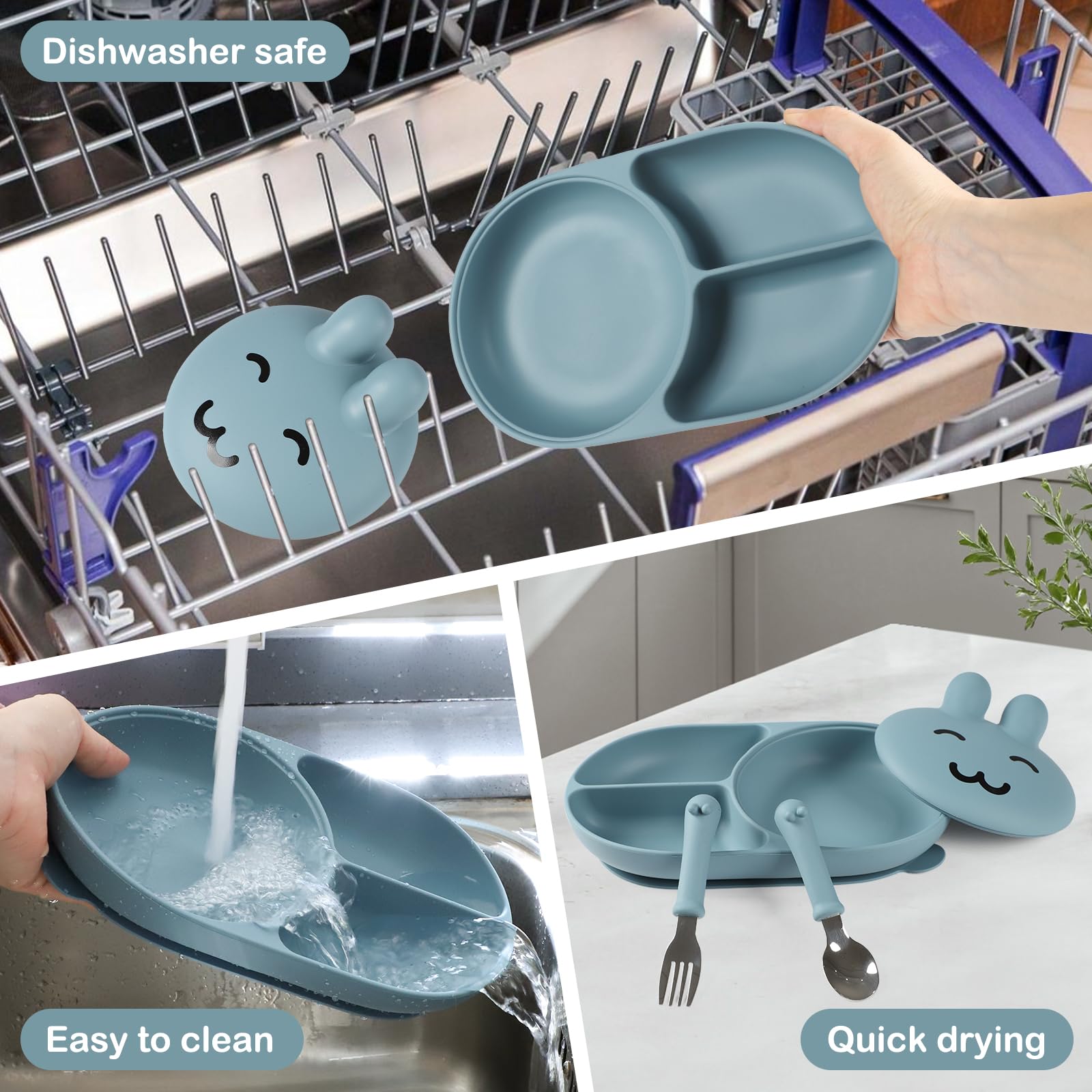 mraisebossup silicone baby plate blue on highchair, stable during toddler meals