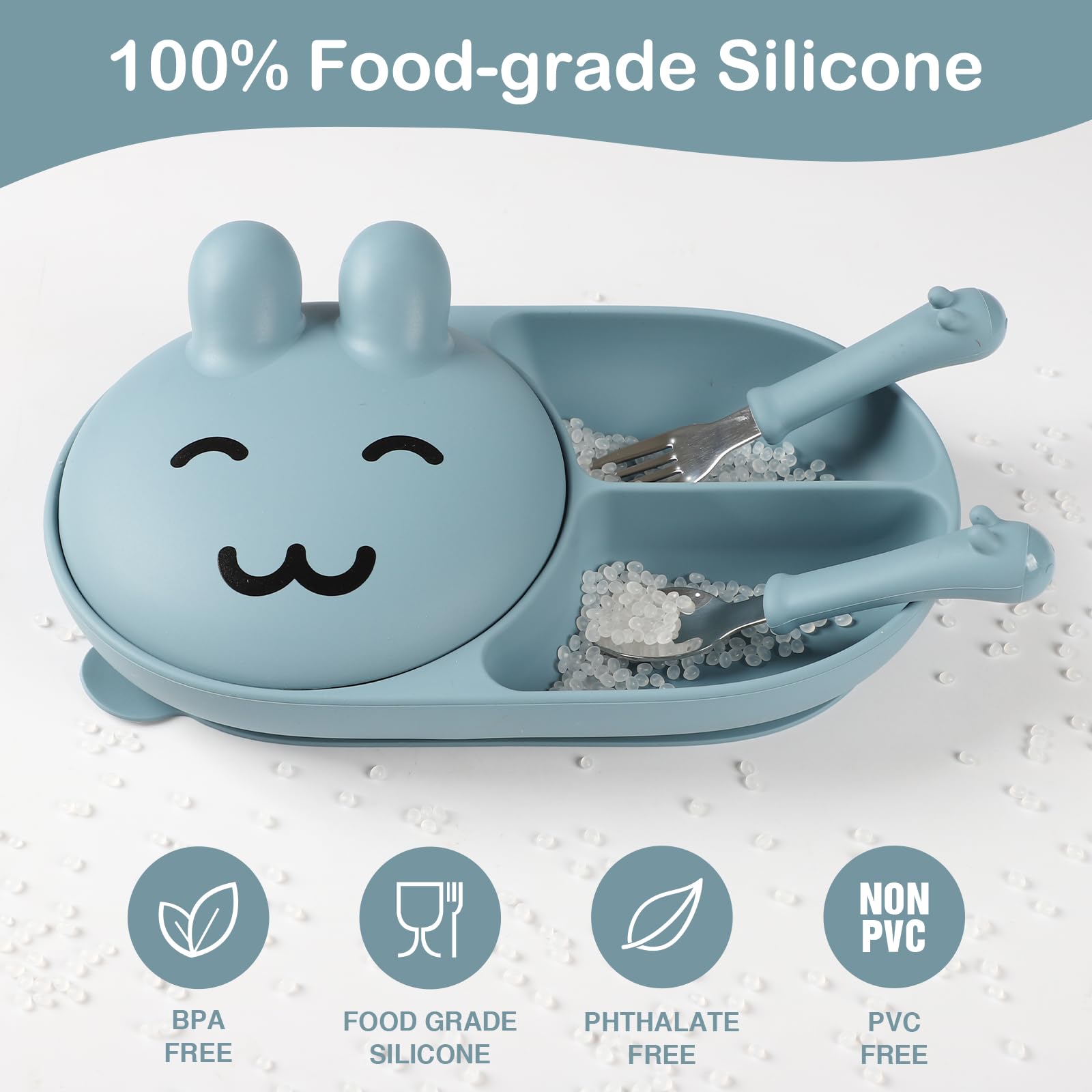 mraisebossup silicone baby plate blue suction-base shown on high chair for mess-free meals