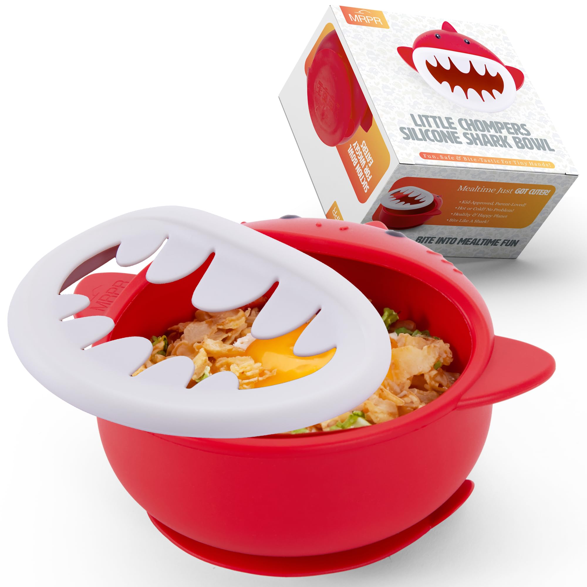 MRPR Chompers shark bowl on a highchair promoting mess-free meals.
