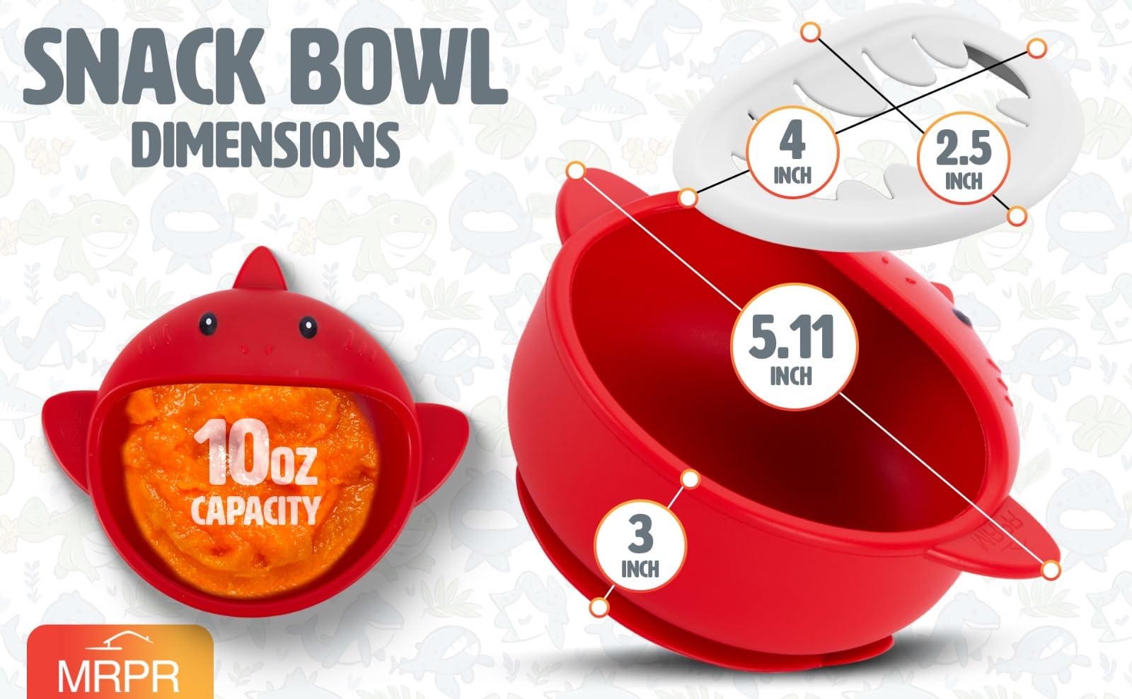 MRPR Chompers shark bowl filled with colorful food demonstrating kid-friendly mealtime.