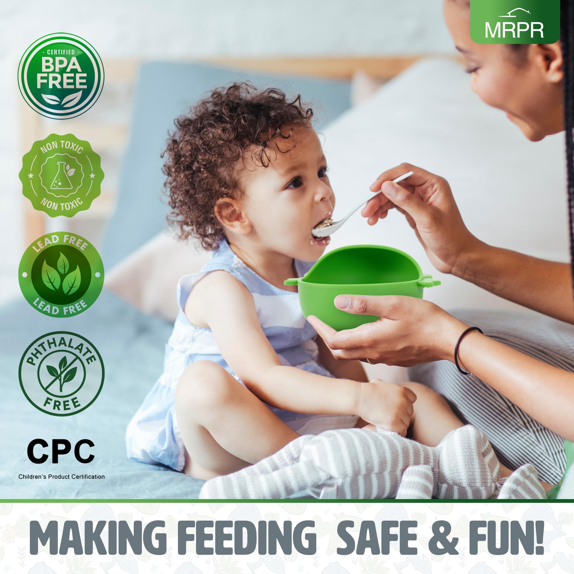 MRPR Hop & Snack Bowl suction base keeps the bowl steady on trays for mess reduction