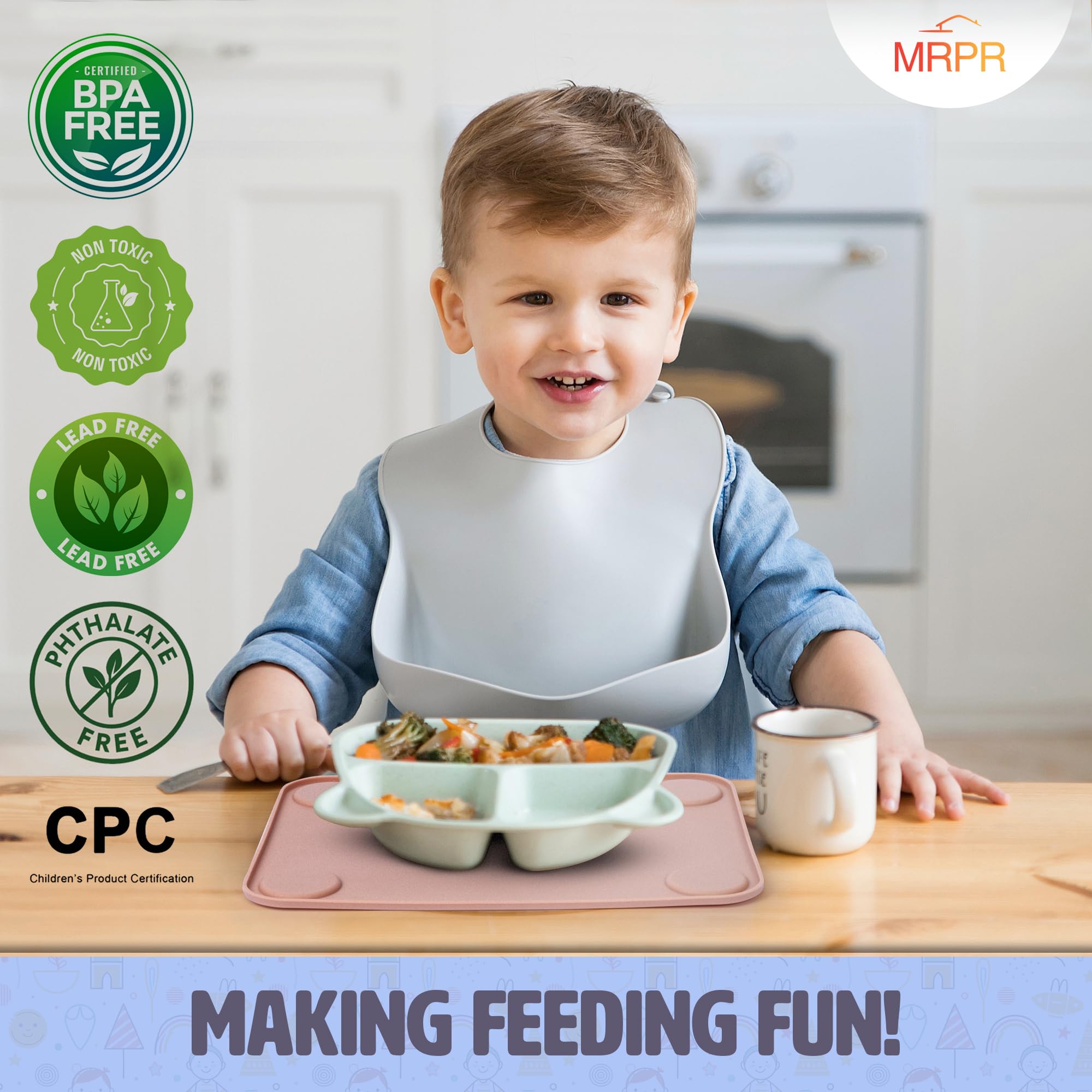 MRPR placemats on table showing non-slip base keeps bowls steady.