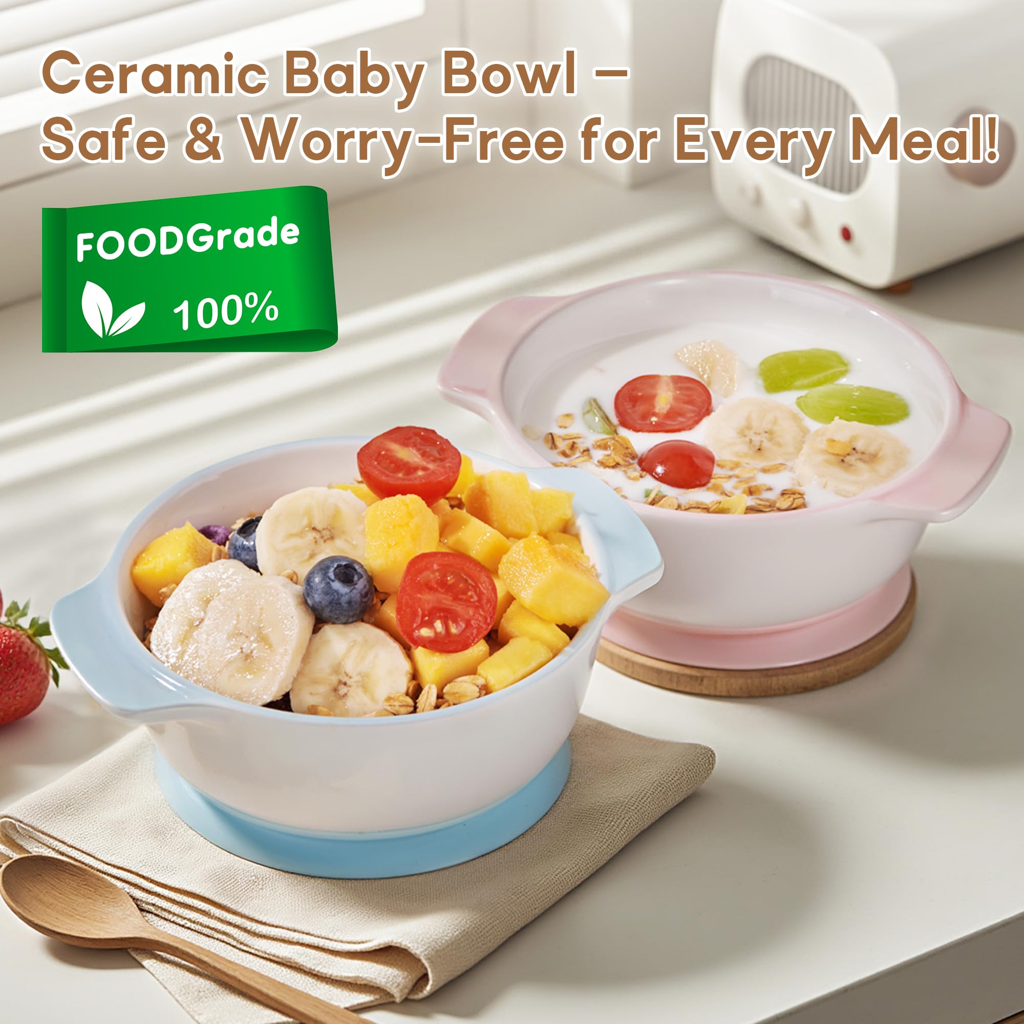 Mrs. Chou silicone suction cup holds bowl securely to a smooth surface.