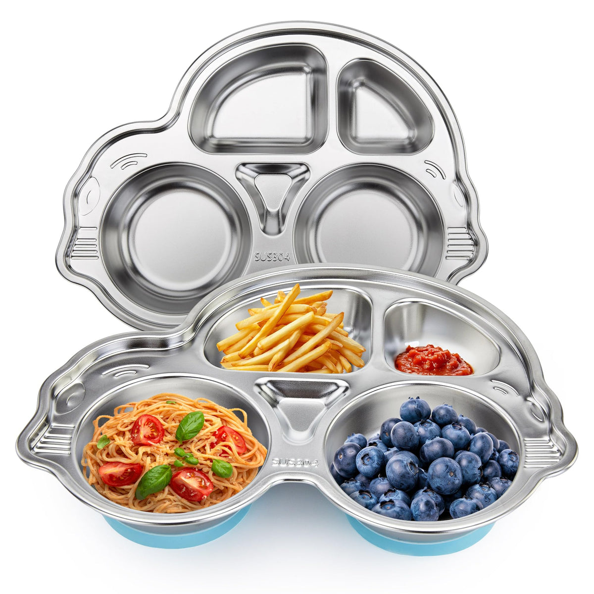 Mrs. Chou stainless-steel baby suction plate blue with non-slip base for mess-free meals