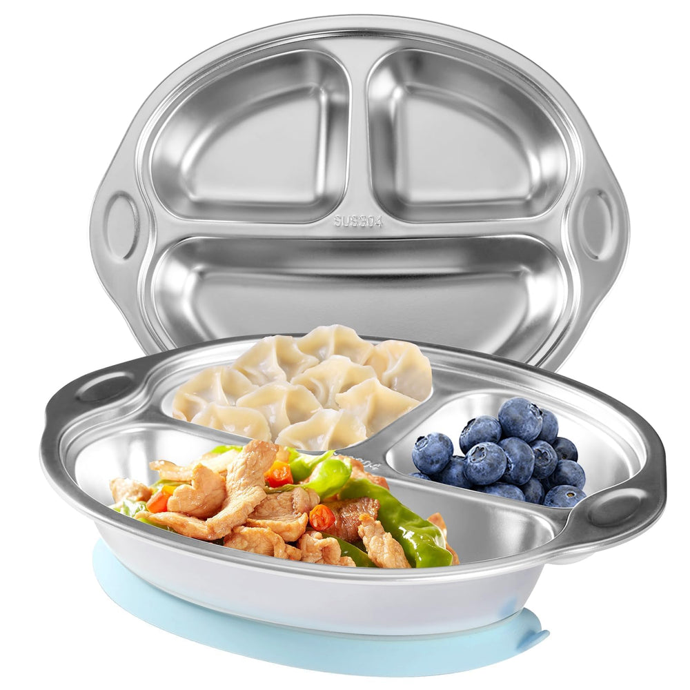 Mrs. Chou suction-base stainless steel plate showing secure grip for spill-free mealtime.