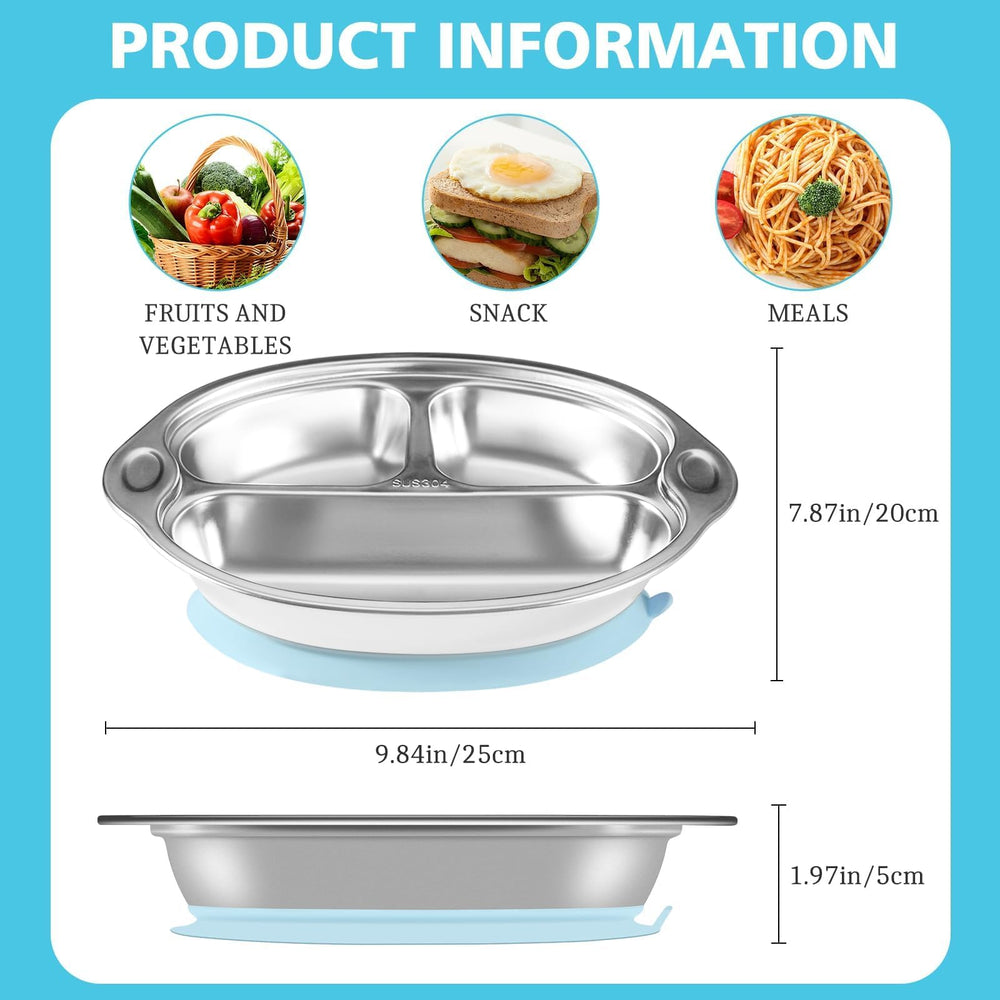 Mrs. Chou sturdy-stainless-steel plate emphasizes durability for daily toddler meals.