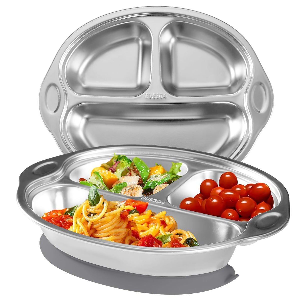 Mrs. Chou suction plate with divided sections promotes self-feeding and food variety.