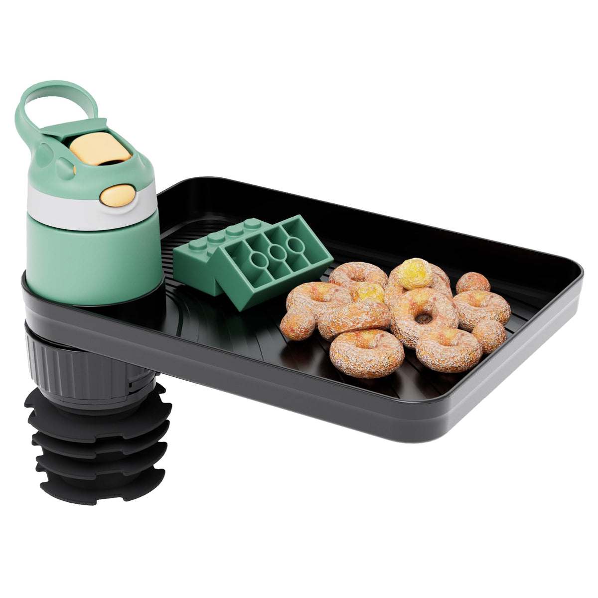 MS MASTER SHOW upgraded car seat tray demonstrating cup-holder compatibility for kids' drinks on trips.