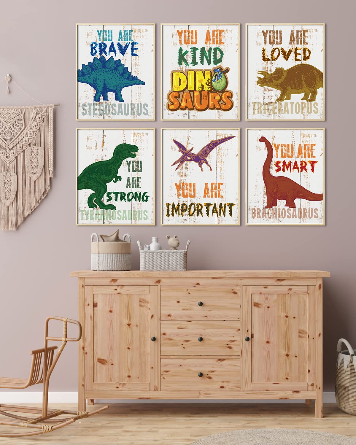 MTL HOE Dinosaur wall art prints bright color palette livens kids’ rooms for learning.
