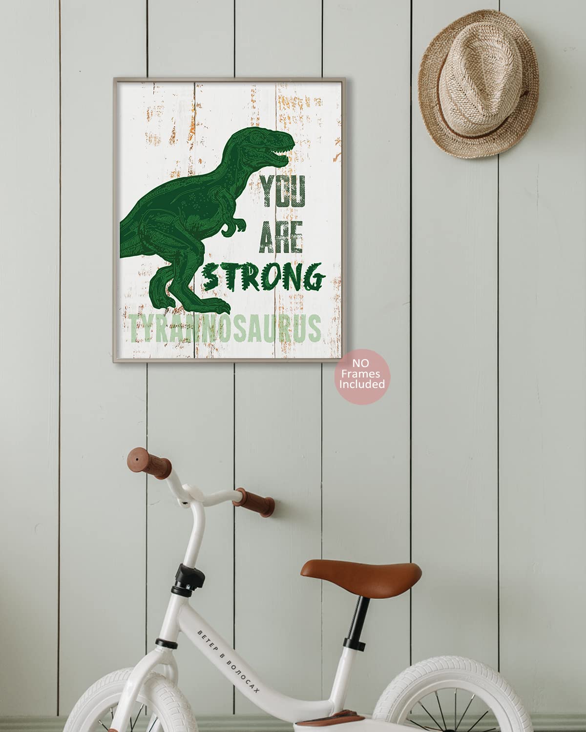 MTL HOE Dinosaur wall art prints closeup detail highlights whimsical dinosaurs and letters.
