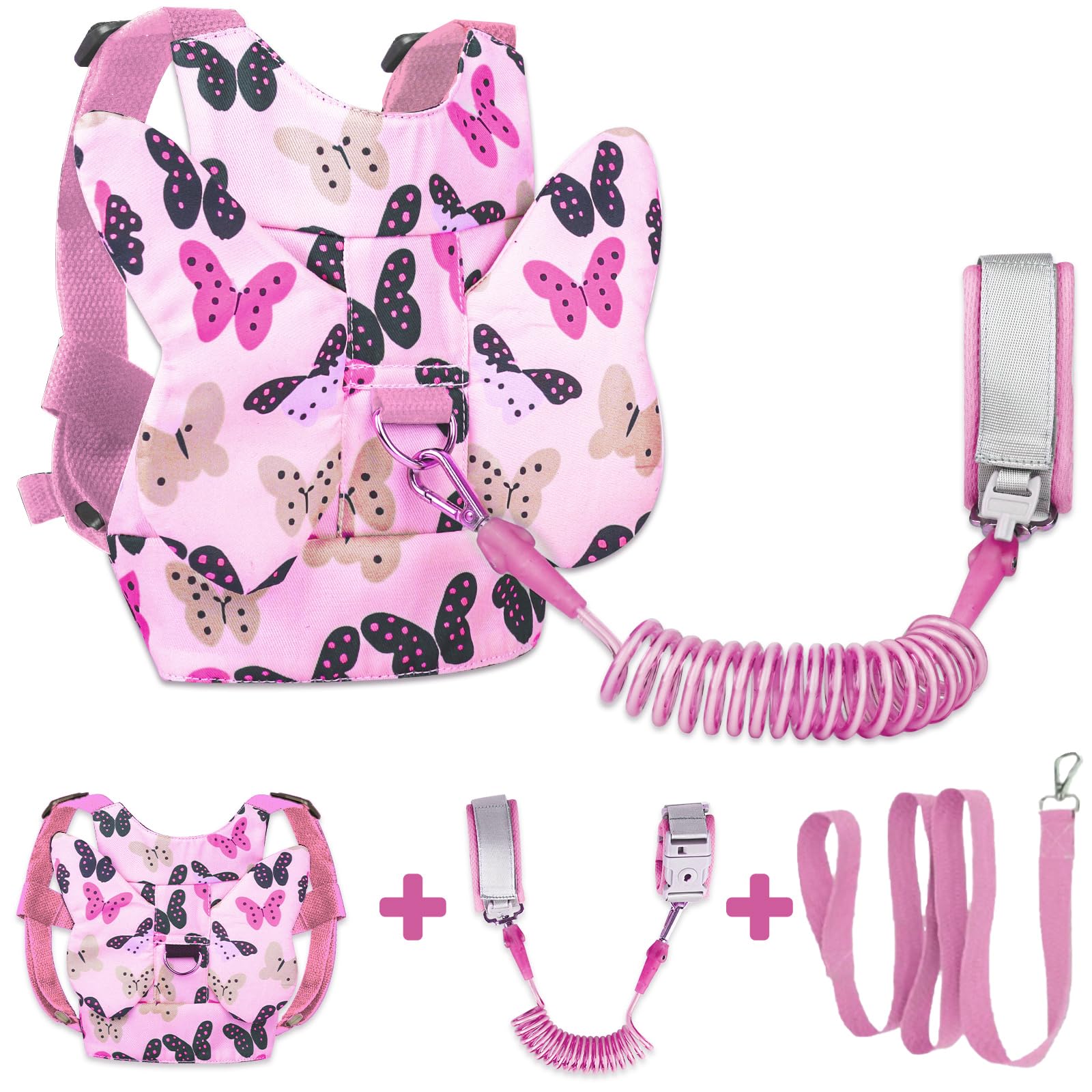 MTOMUYA toddler harness pink butterfly wrists-link closeup ensures secure control in crowds