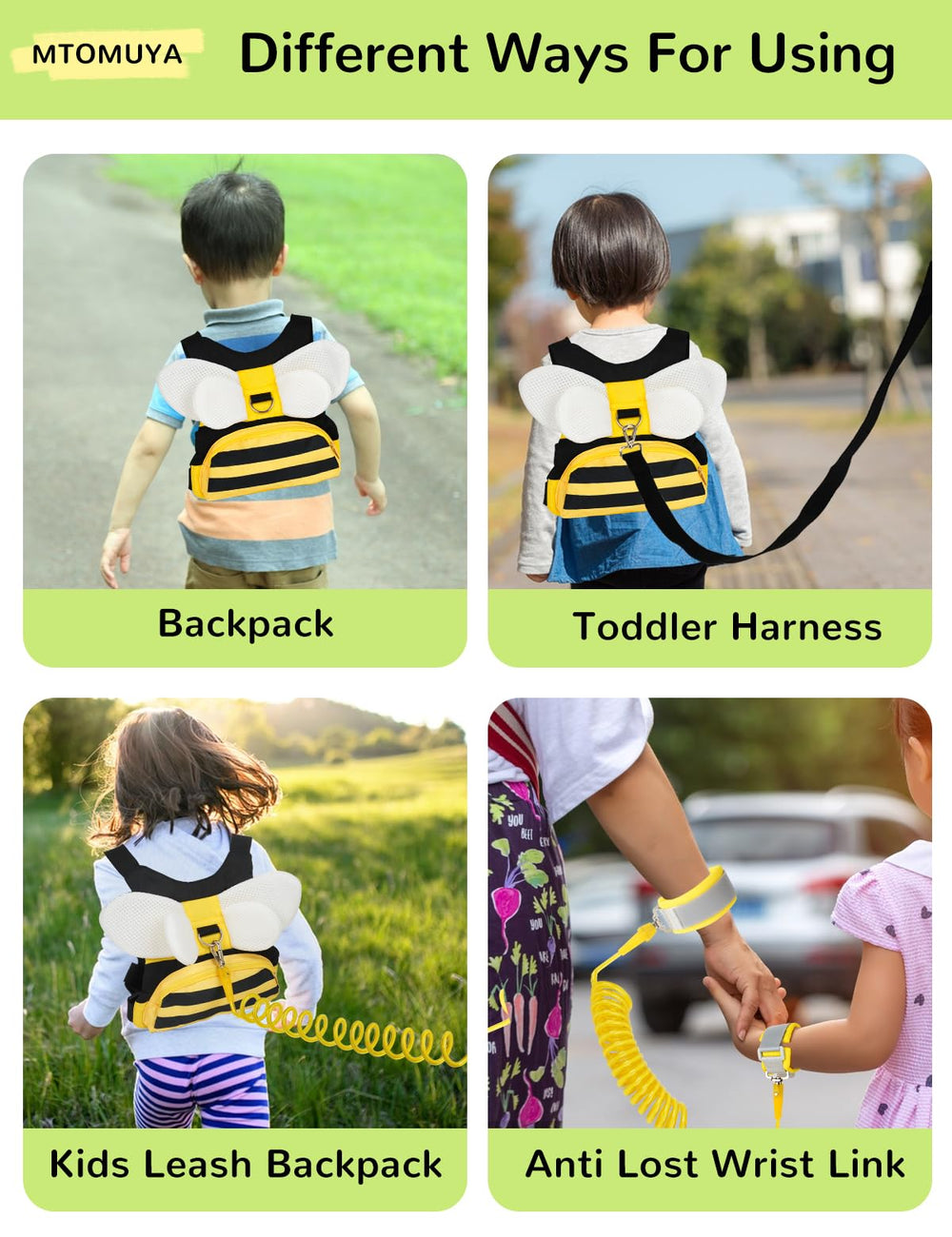 MTOMUYA yellow bee design front view on a kid harness