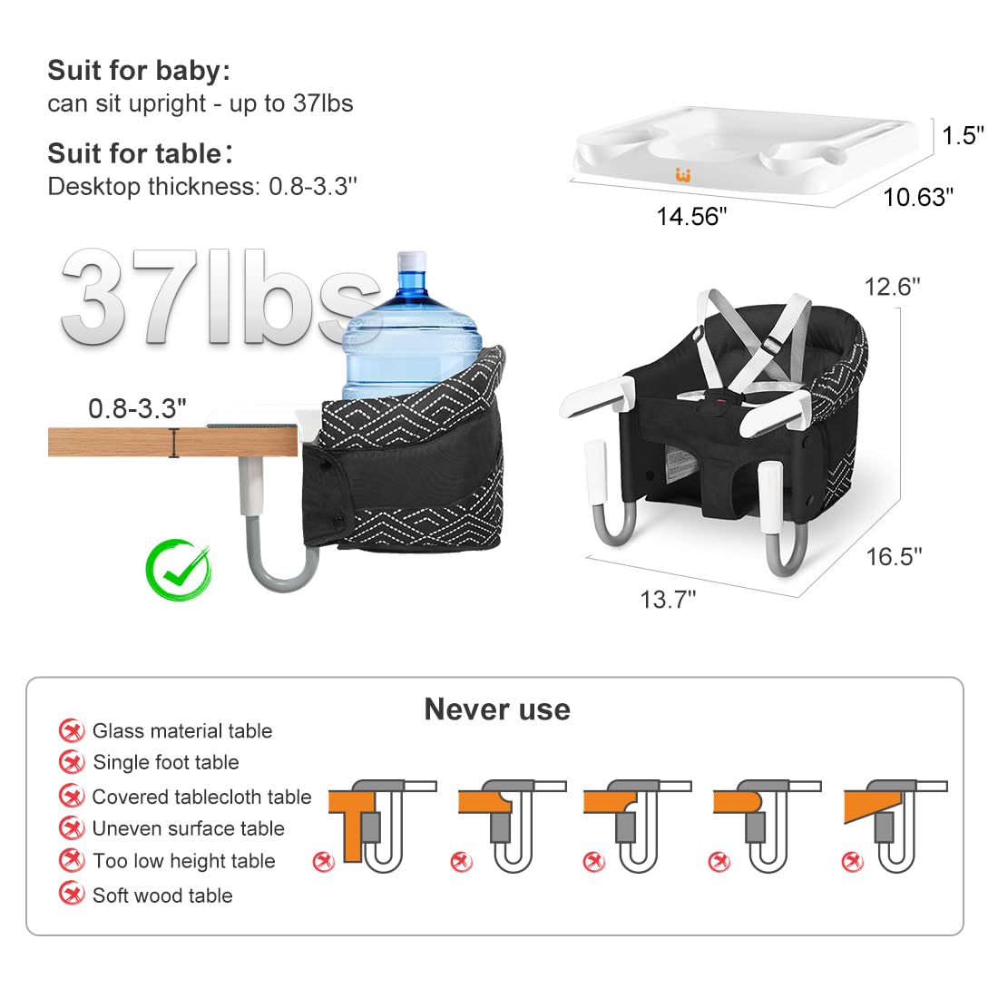 MTWML Hook On High Chair 5-point harness secures toddler during meals.