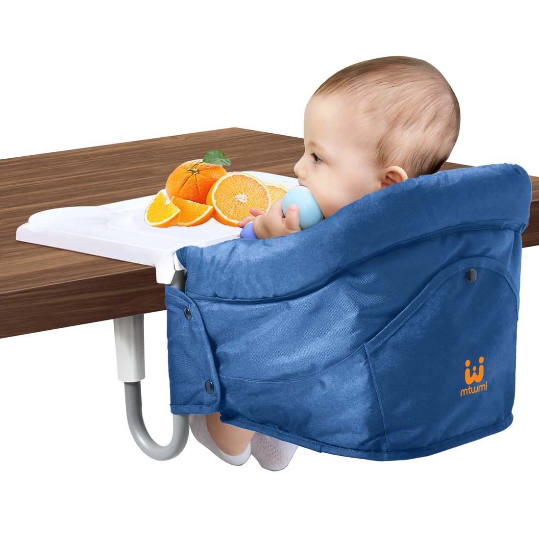 MTWML Hook On High Chair with tray mounted for easy feeding and table attachment.