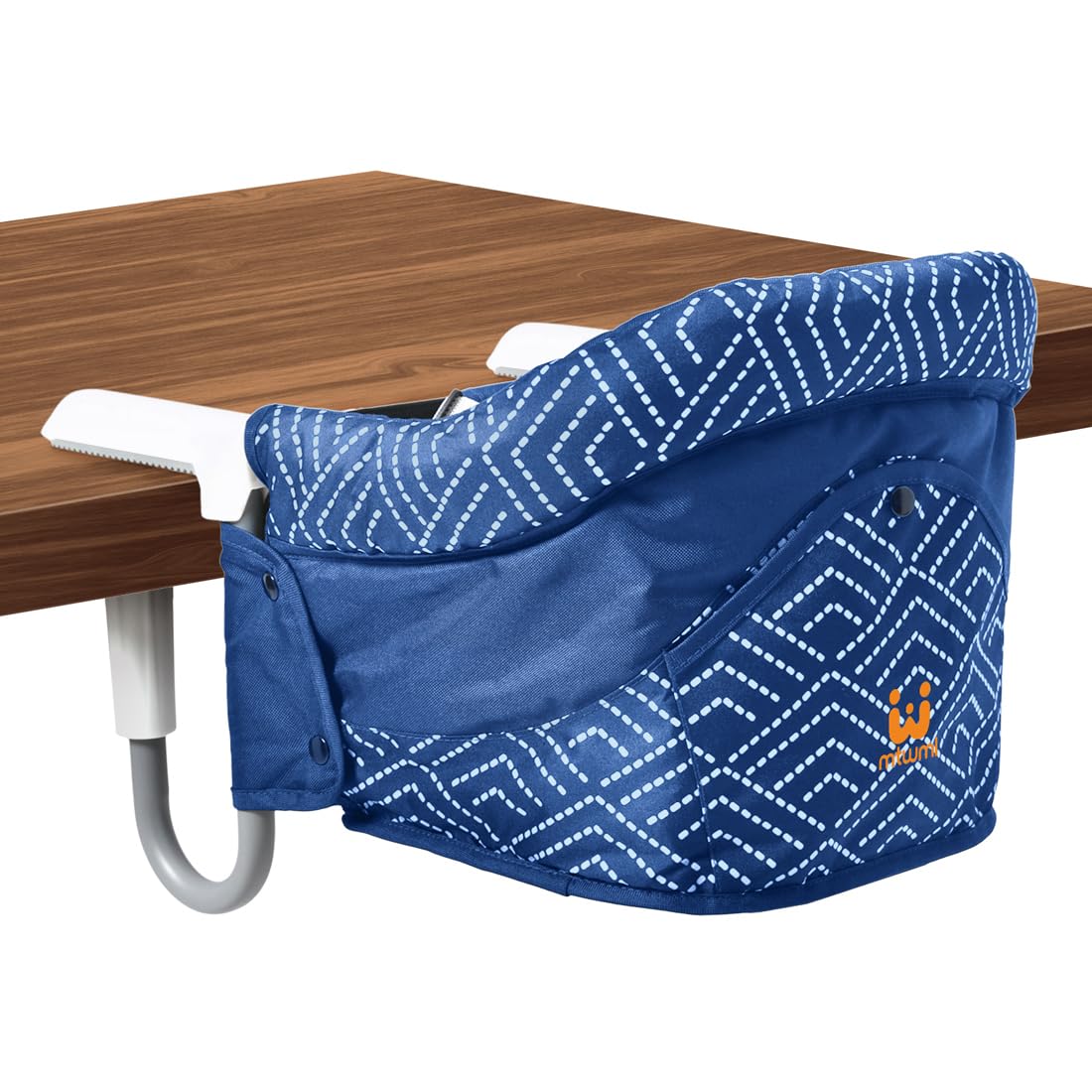 MTWML portable high chair Stripe Blue folded in carry bag for travel.