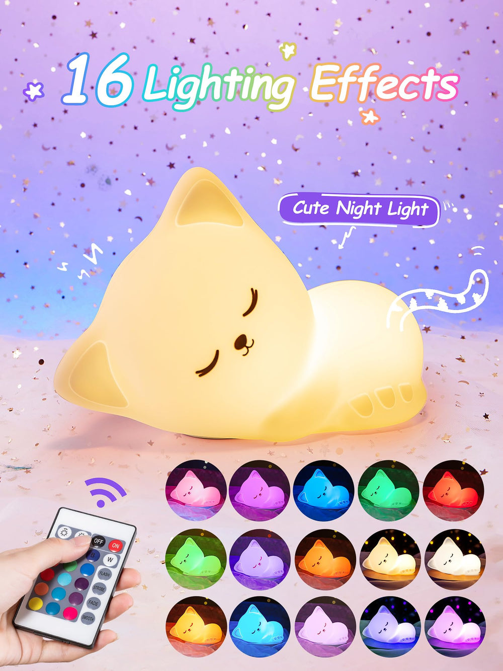 Mubarek Cat Night Light with remote for easy brightness and color control.