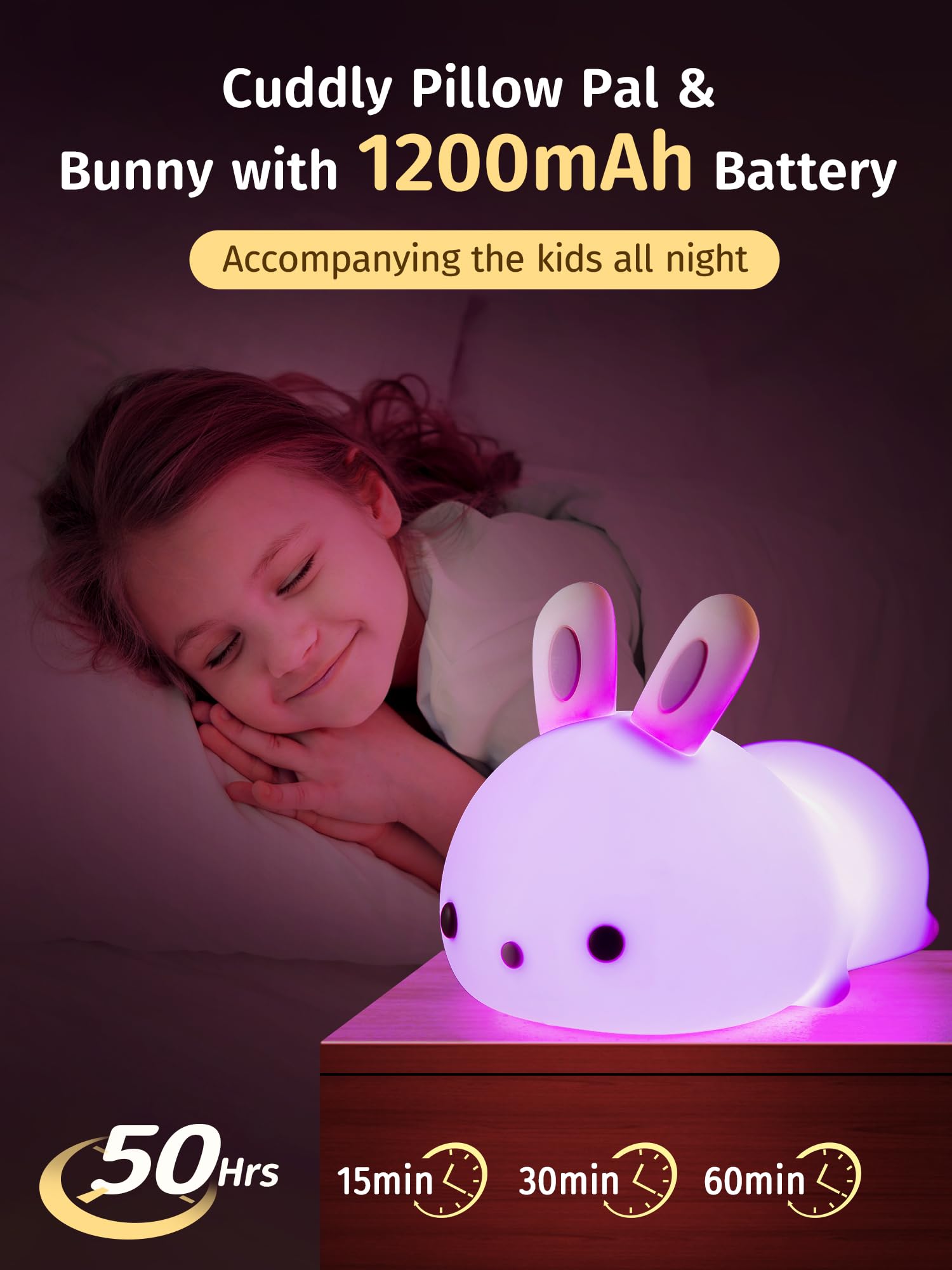 Mubarek 1200mAh battery powers cordless use throughout the night.