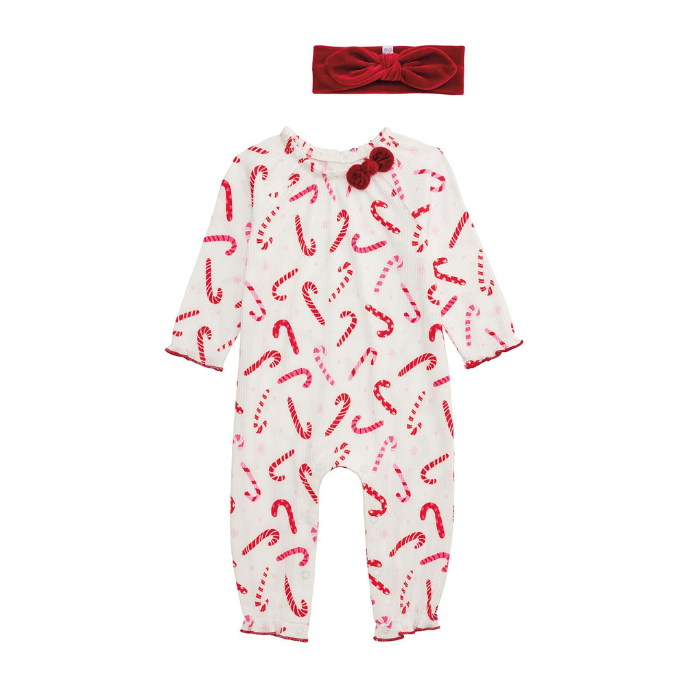 Mud Pie Candy Cane One Piece long-sleeve outfit for festive baby photos and everyday wear.