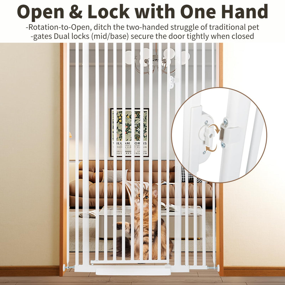 Mudanku 59 extra tall cat gate shown open for easy in-and-out supervision.