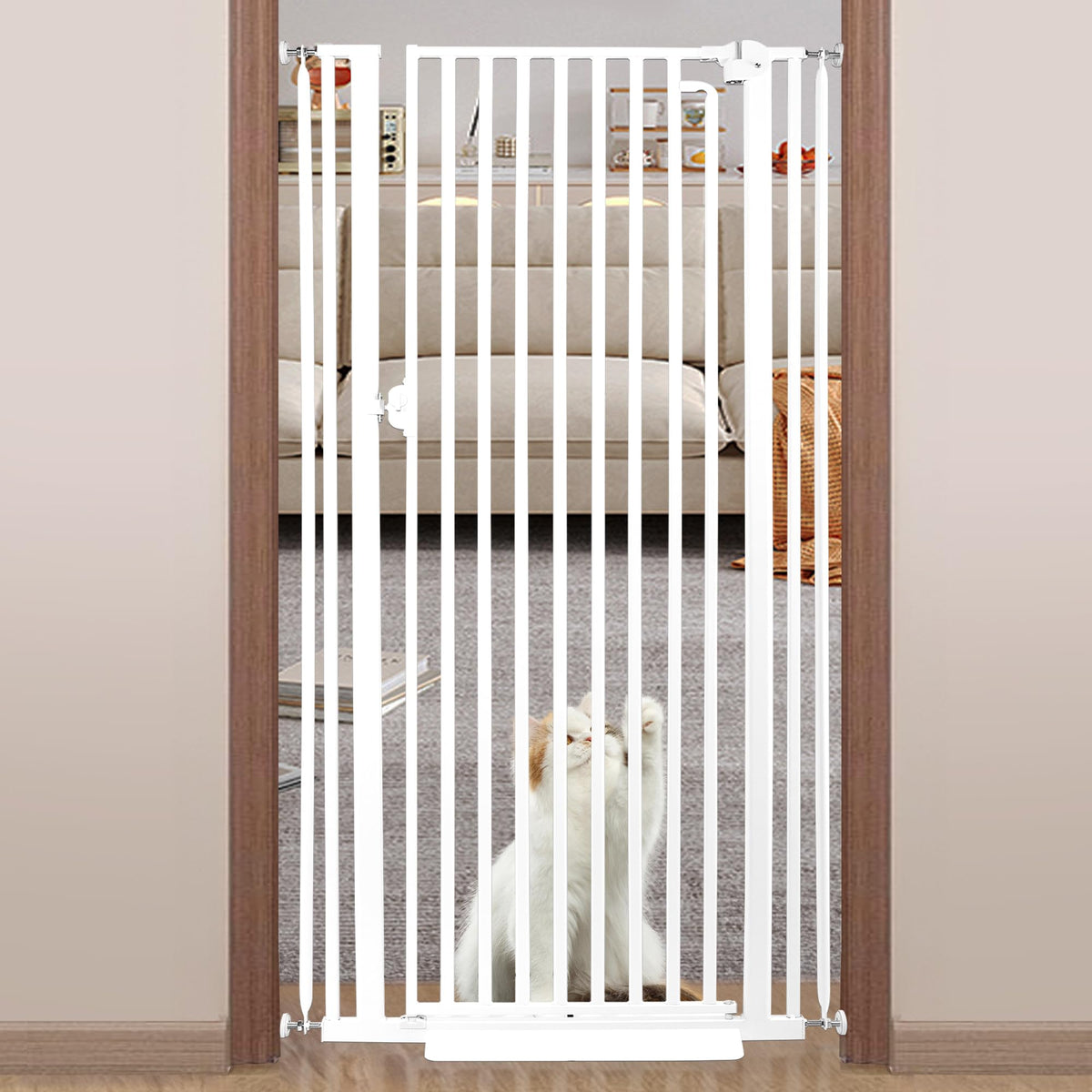 Mudanku 71-inch extra tall cat gate closed across doorway for pet containment.