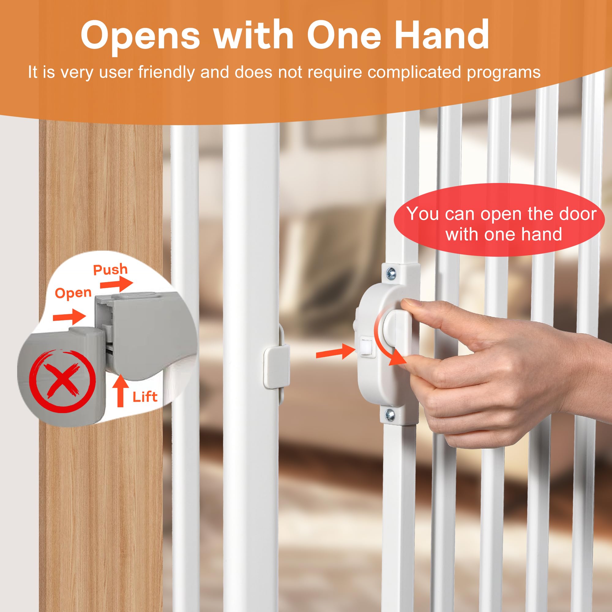 Mudanku 71-inch extra tall cat gate opened with one hand for easy access.