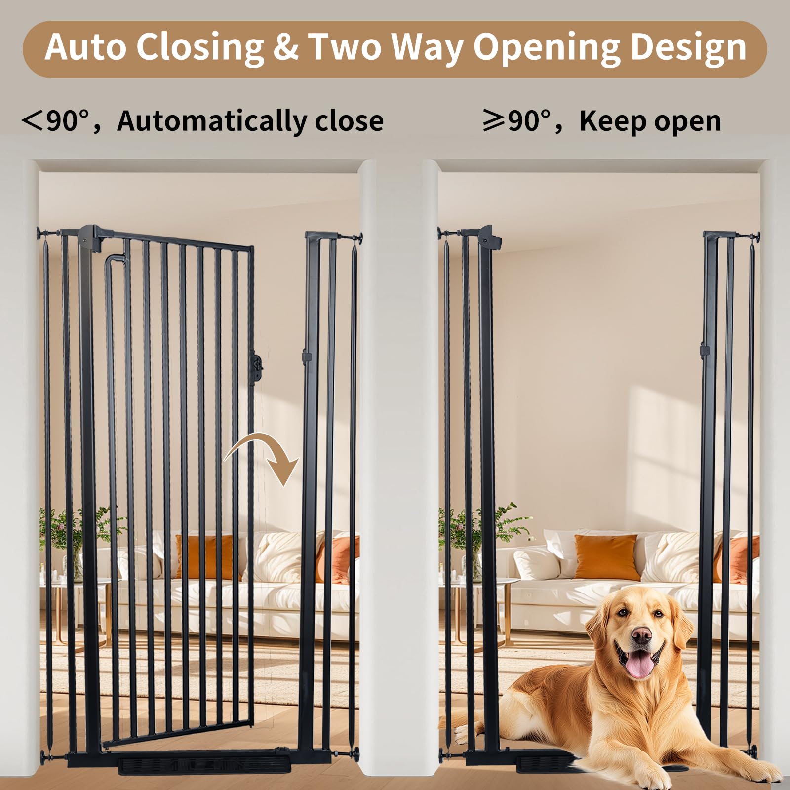 Mudanku tall gate on stairs shows easy one handed operation.