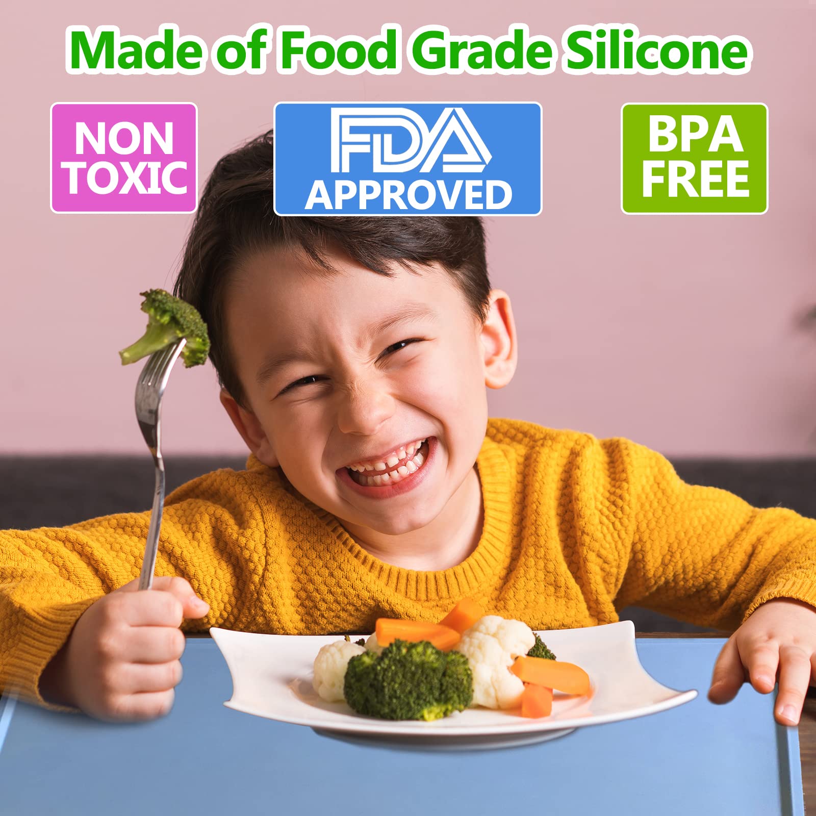 Mudocp silicone placemats with non-slip grip stay put during self-feeding.