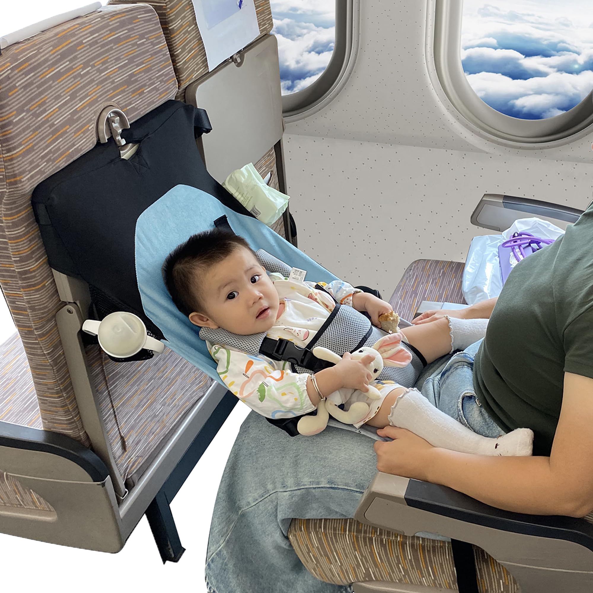 MueKeesam baby airplane bed front view in blue supports hands-free feeding and eye contact