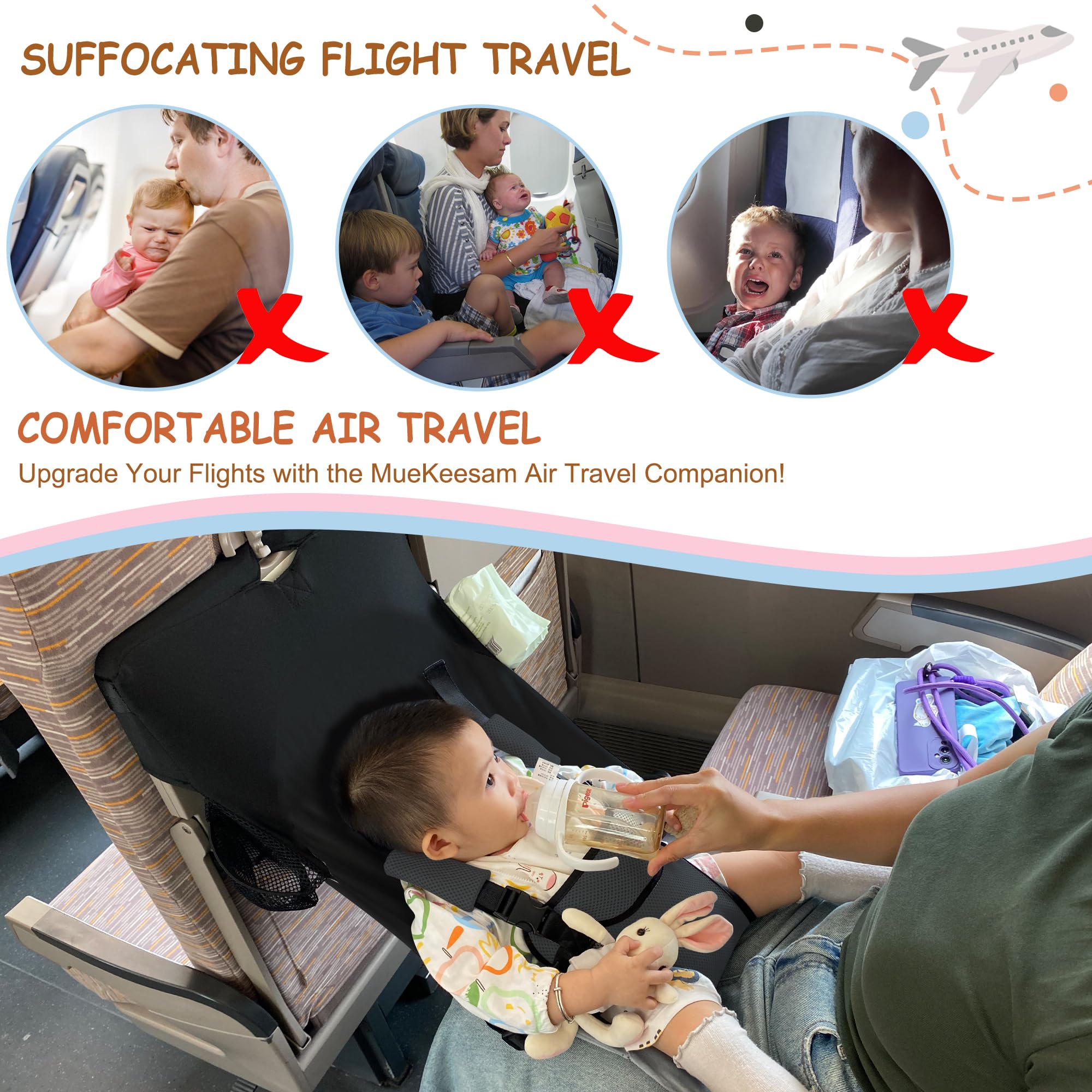 MueKeesam baby airplane bed harness keeps infant secure during flight.