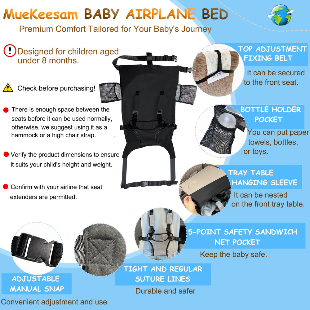 MueKeesam baby airplane bed in use on airplane as a front-facing sling-style seat.