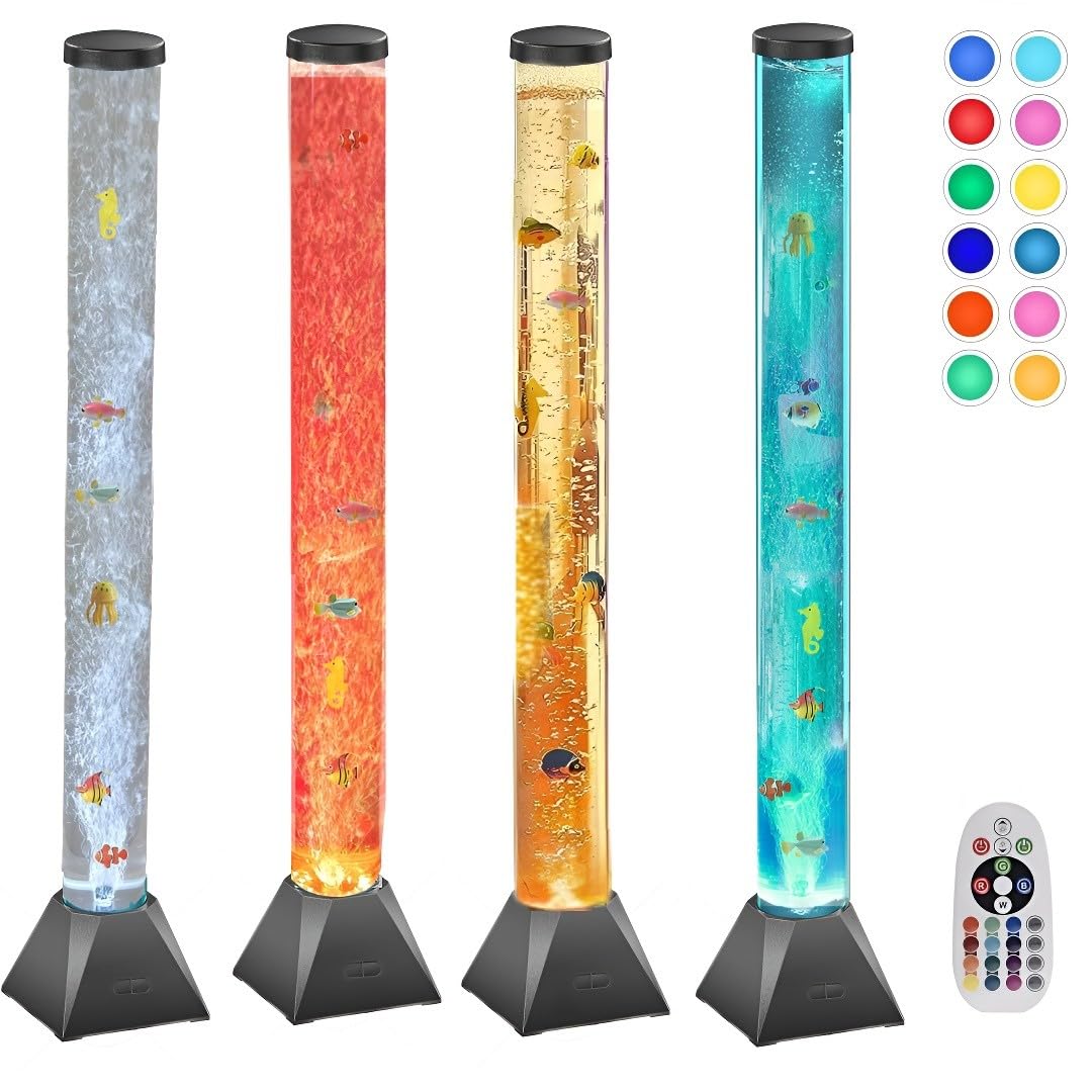 MUHI sensory bubble-tube lamp setup shows calming blue bubbles for a peaceful room