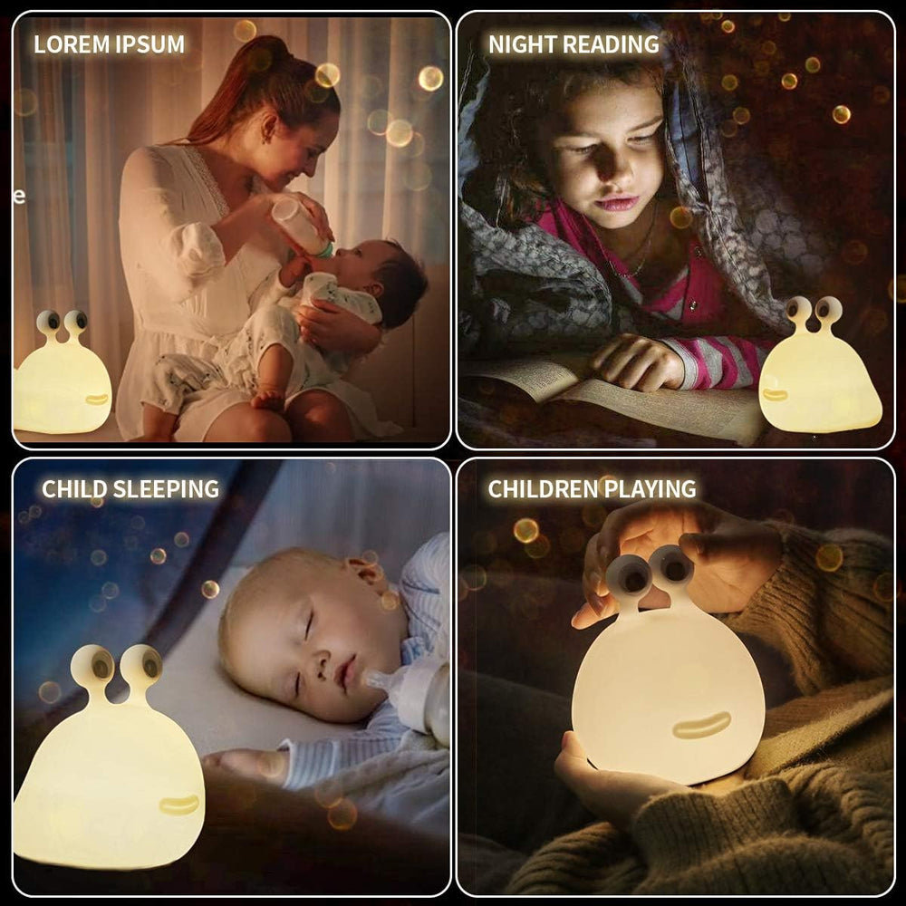 MUID slug night light in nursery highlights BPA-free silicone safety without harsh glare