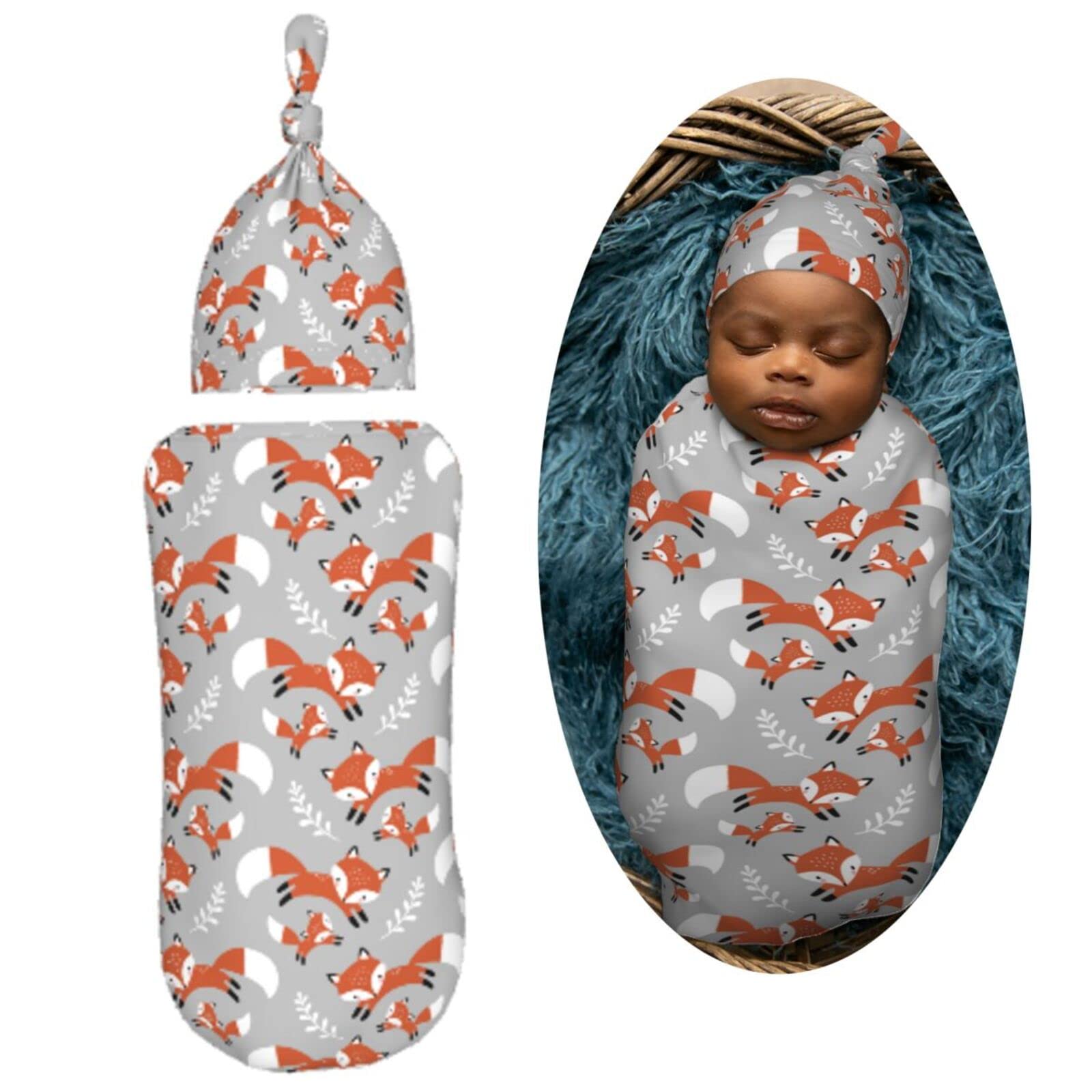 Muishi baby hat with foxes leaves gray pattern keeps newborn's head warm
