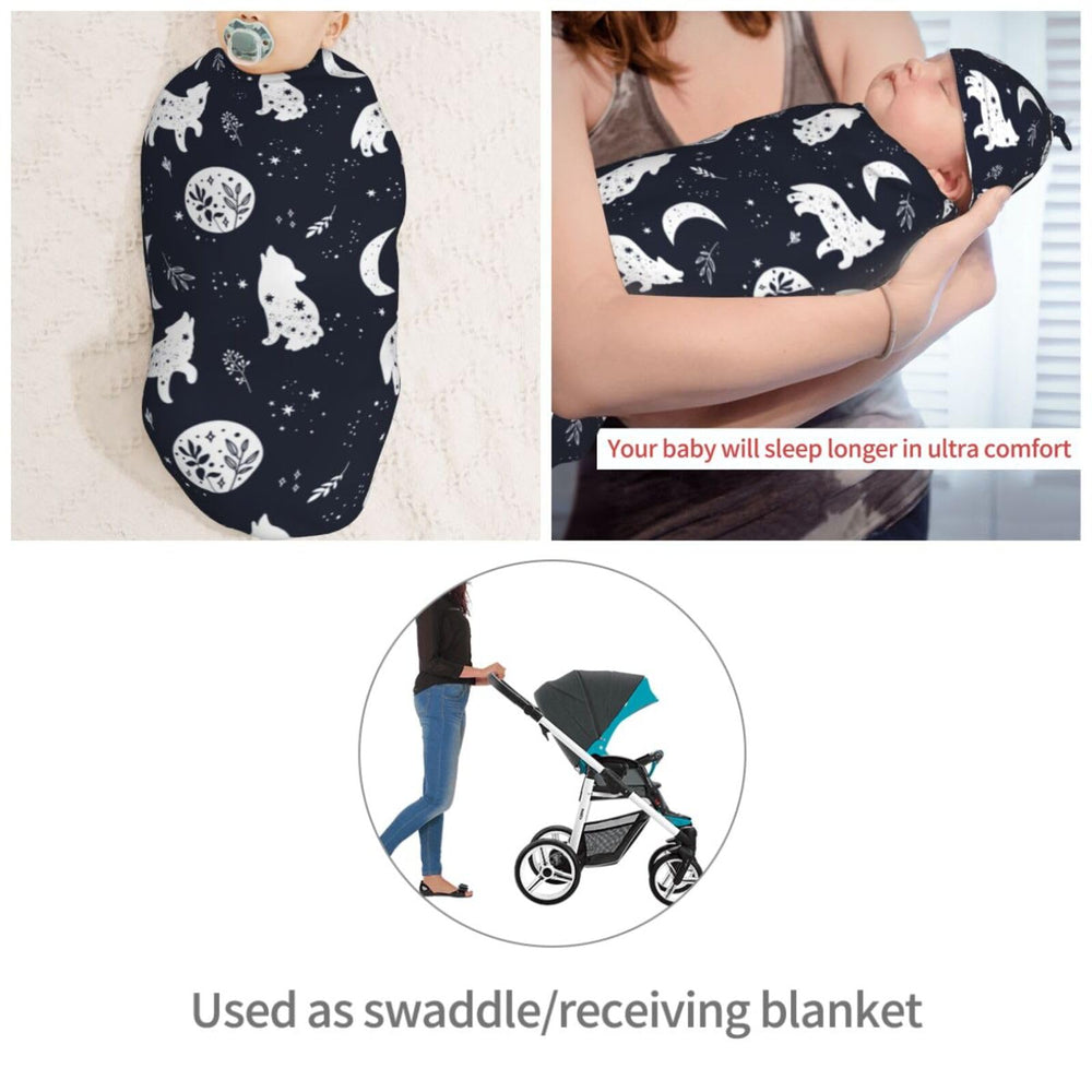 Muishi Boho Wolf swaddle oval wrap demonstrates safe, womb-like snugness for sleep.