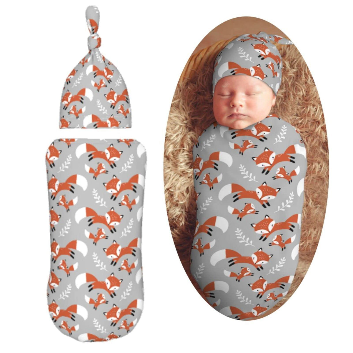 Muishi cute foxes leaves gray swaddle blanket - cozy baby wrap for peaceful sleep