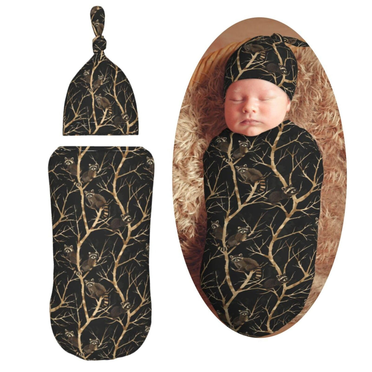 Muishi swaddle blanket with cute raccoons on branches offers gentle snuggle for newborn sleep.