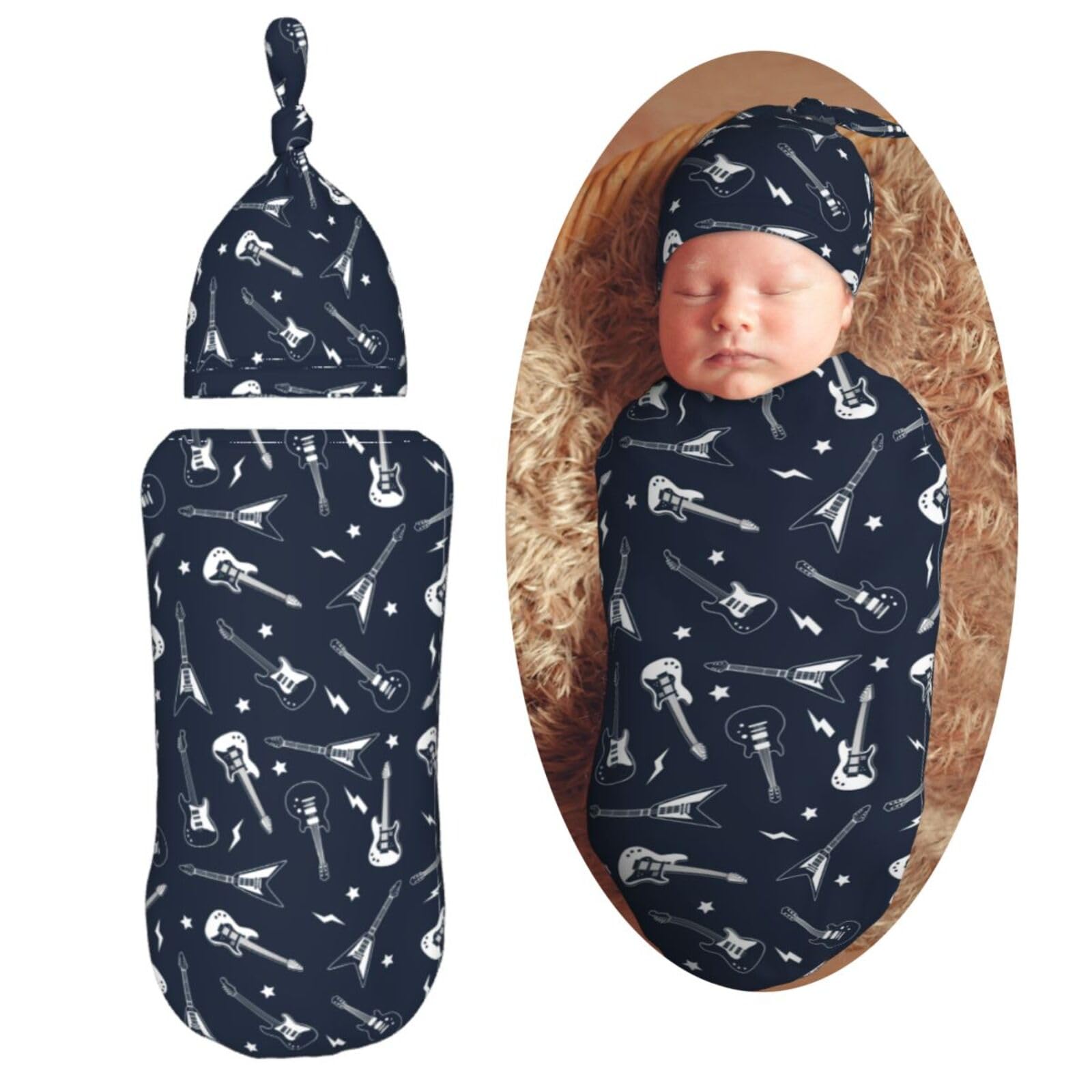 Muishi guitar and stars swaddle blanket close-up shows soft fabric for cozy newborn comfort.