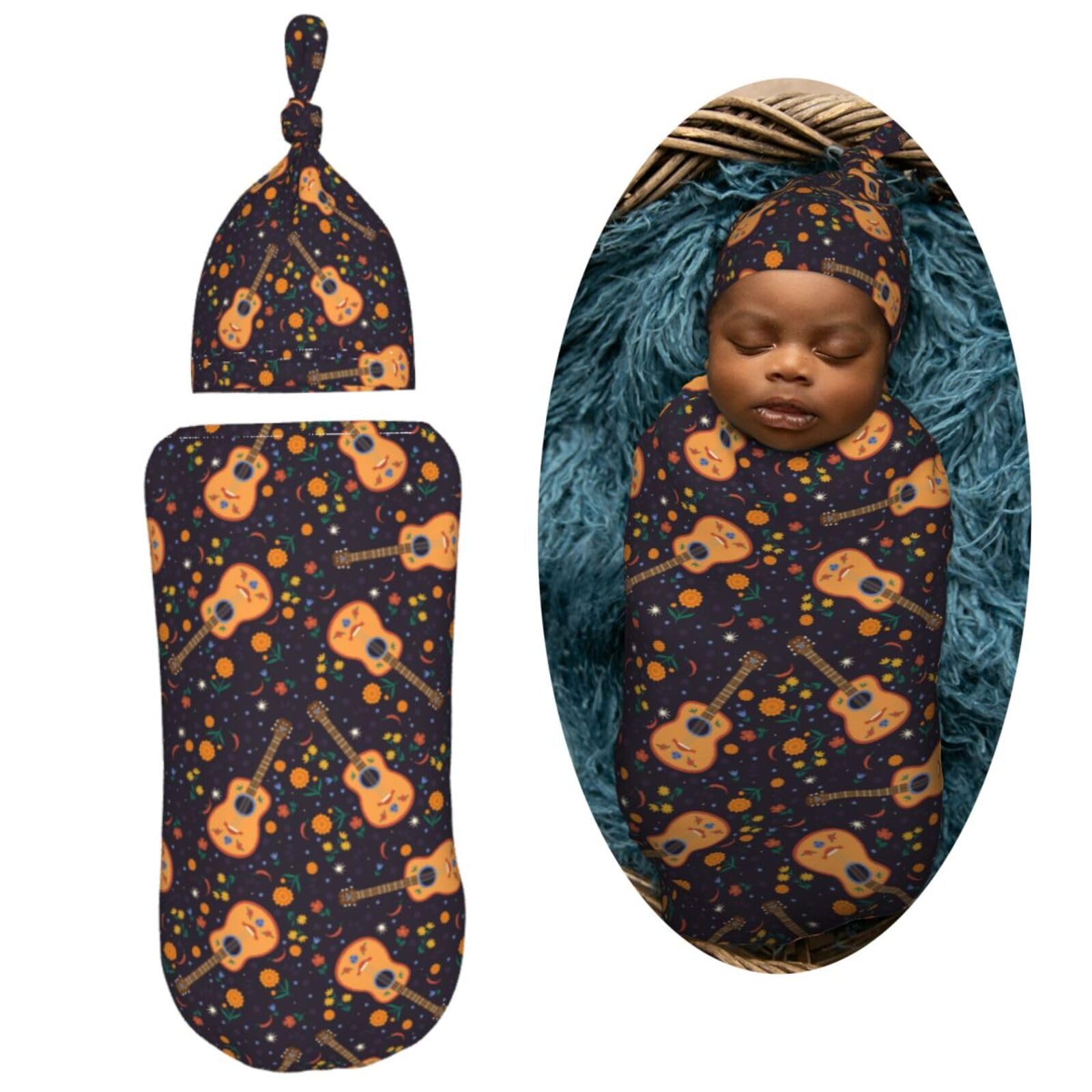 Muishi Guitar with Moon swaddle hat closeup showing snug fit and warmth