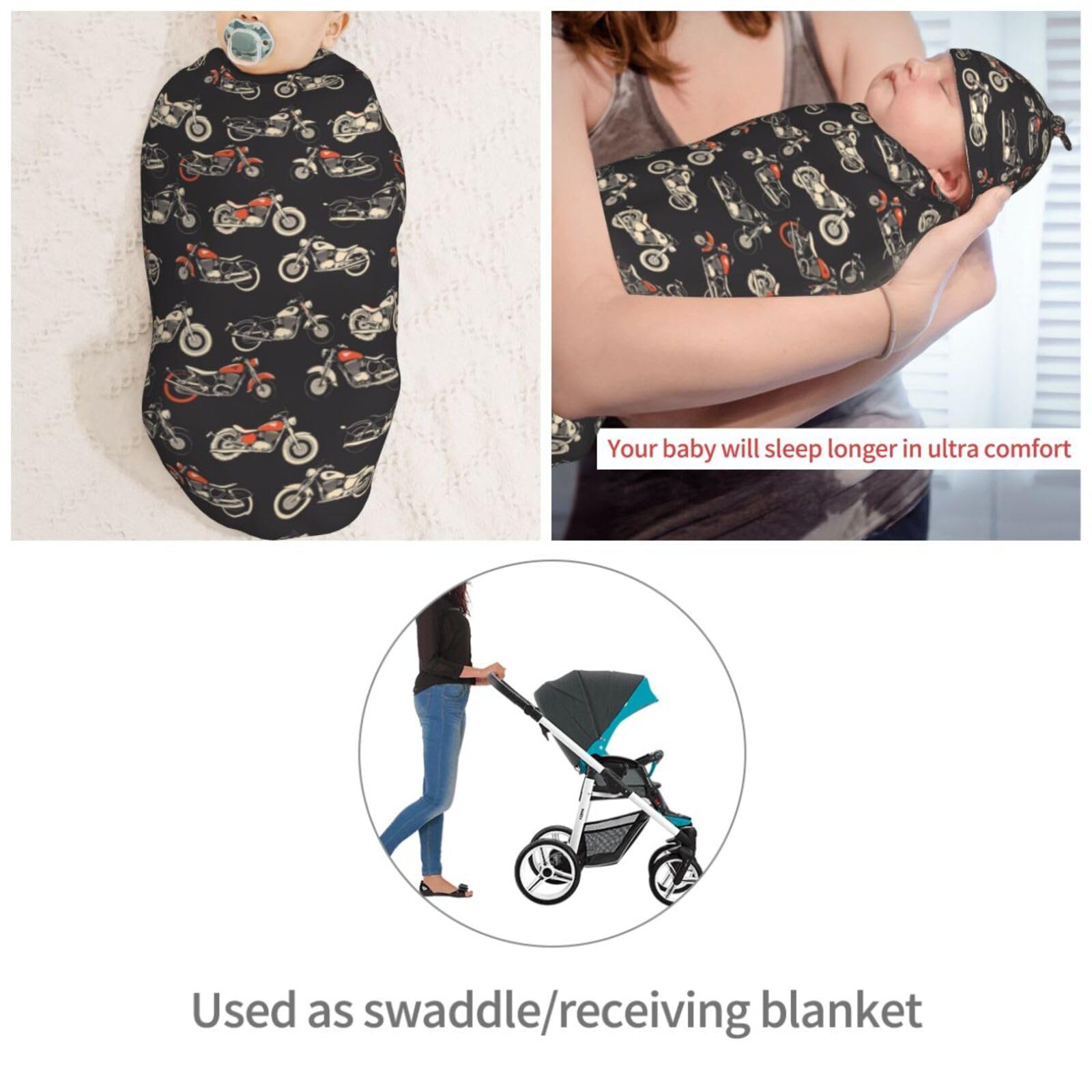 Muishi motorcycles-on-black-background hat close-up emphasizes soft fabric and gentle warmth for newborn wear.
