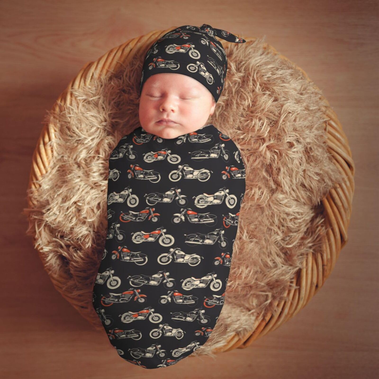 Muishi motorcycles-on-black-background infant-sleep-setup highlights cocoon-style wrap for calm moments.
