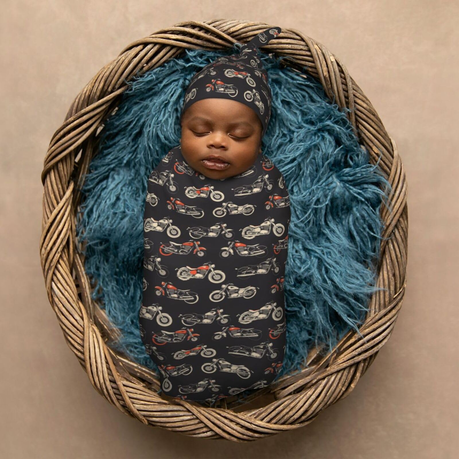 Muishi motorcycles-on-black-background set image shows matching swaddle and hat, ideal as a thoughtful baby shower gift.