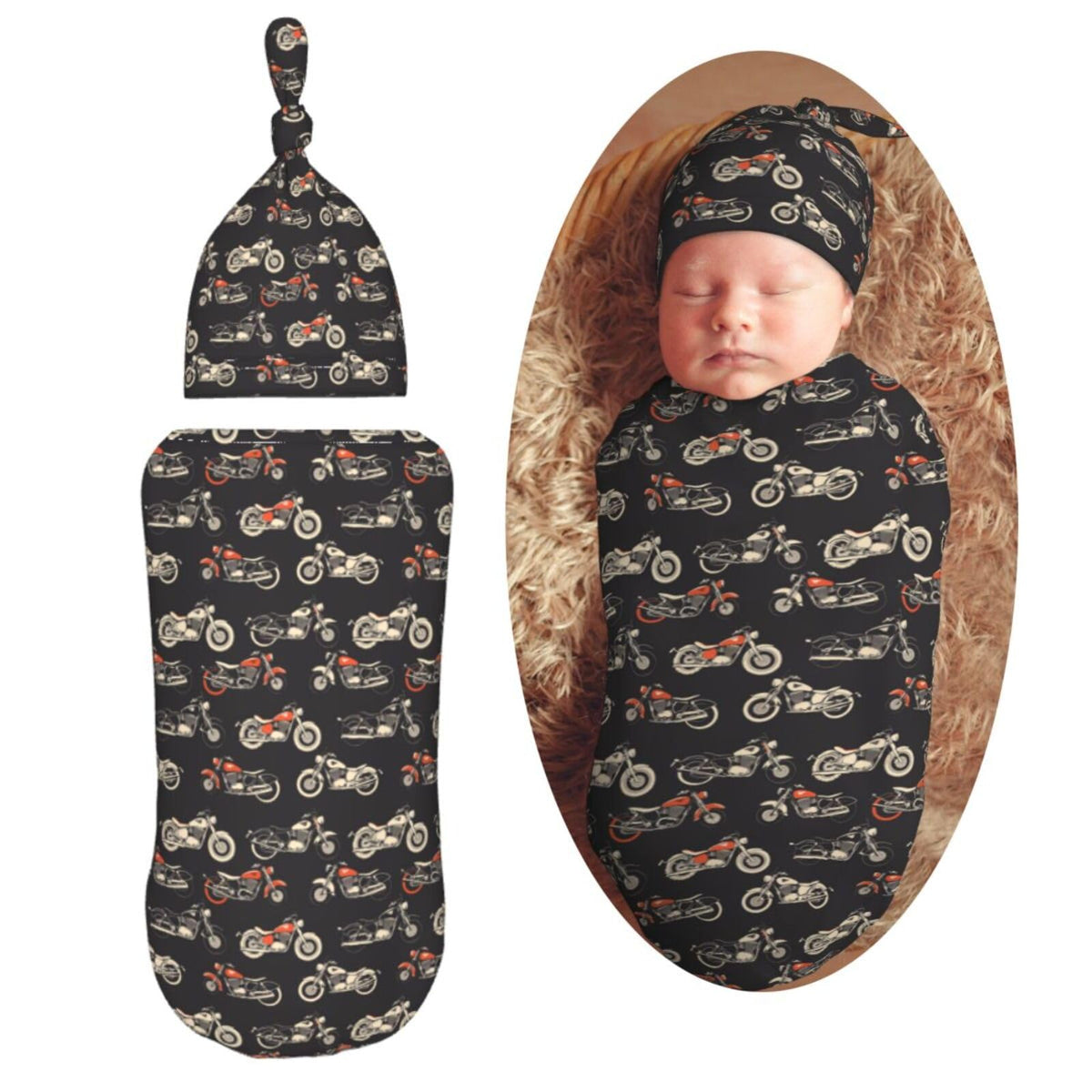 Muishi motorcycles-on-black-background swaddle blanket close-up shows soft, skin-friendly fabric for cozy newborn moments.