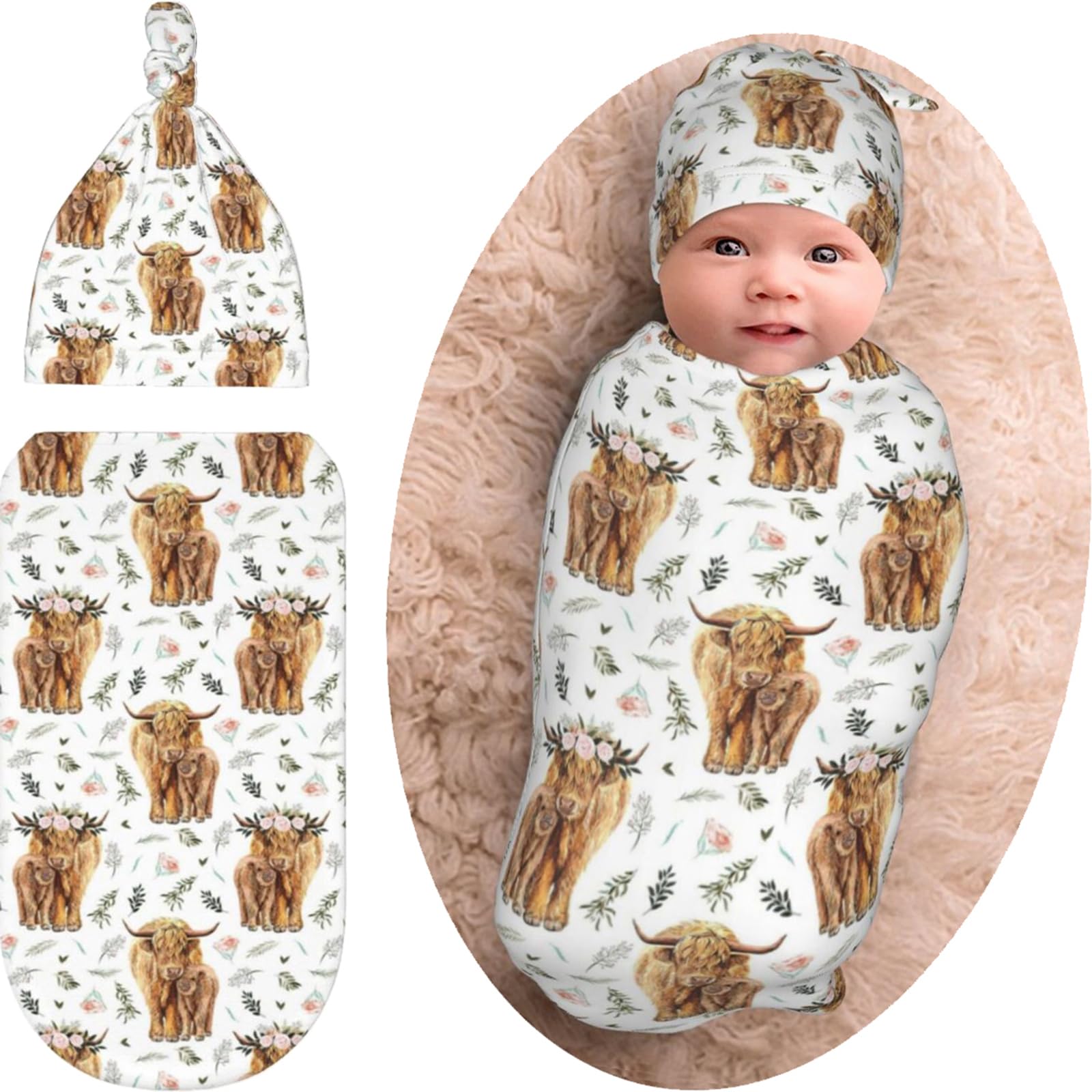 Muitanerkd Highland Cow Swaddle Blanket close-up of soft cotton fabric for newborn comfort.
