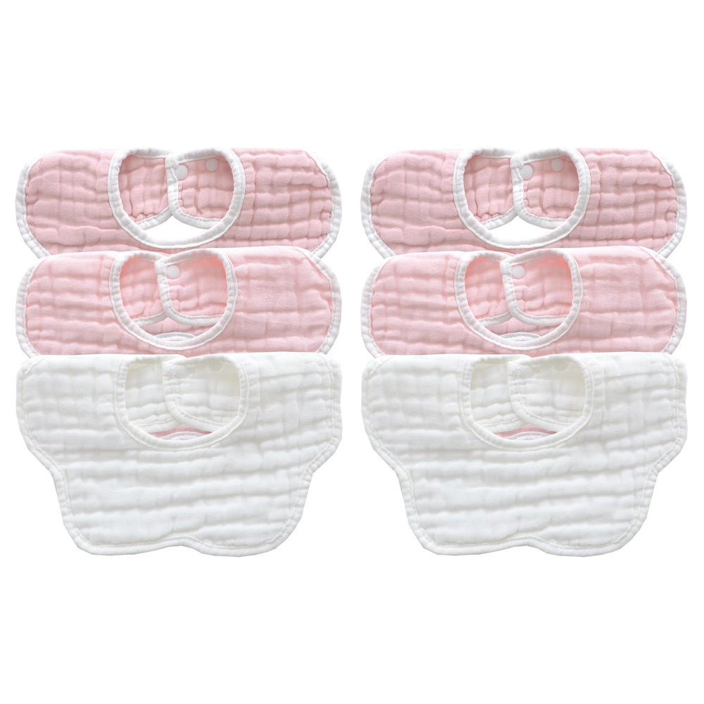 MUKIN baby bibs gradient pink pack close-up shows soft muslin fabric and snap closure
